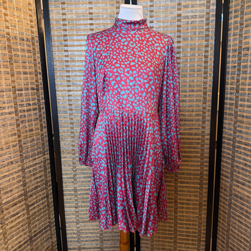 Closet London Pleated Dress Women US 10 Pink Turquoise Leopard Print D7157